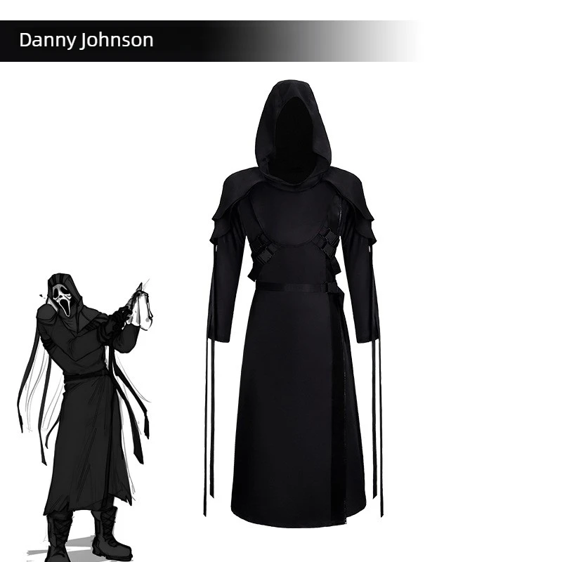 Dead by Daylight Ghost Face Cosplay-Kostüm mit Kapuzenrobe, Maske, Handschuhen, Komplettset, Unisex, Polyester, für Halloween-Party, Karneval, Rollenspiel