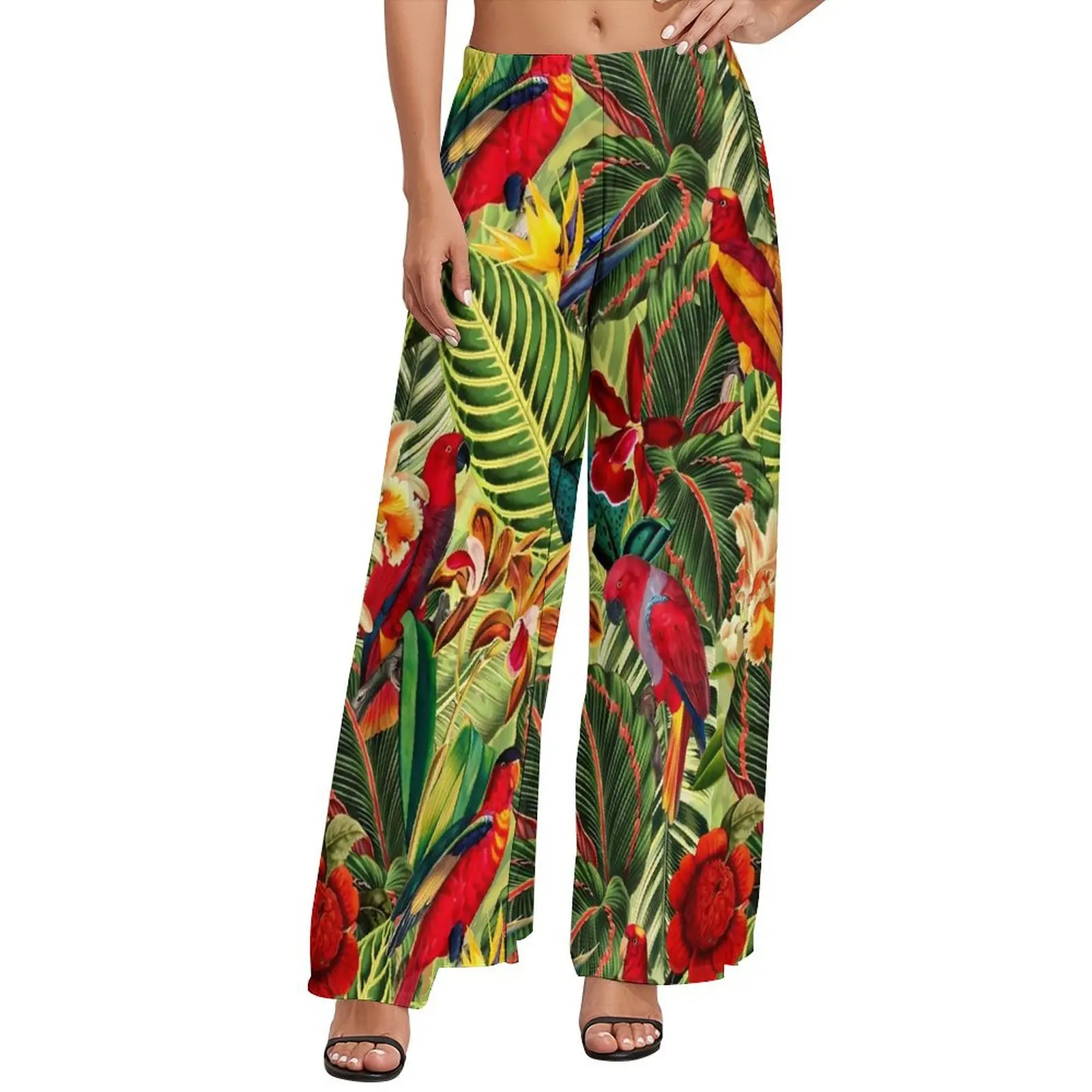 Tropische Vogels Bloemenbroek Dames Bladeren Streetwear Broek Elastische Taille Casual Wijde Pijpen Broek Cadeau