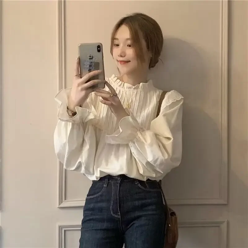 White Blouse Women Blusas Stand Neck Chiffon Shirts Long Sleeve Ruffles Lace Blouses Vintage Elegant Sweet Femme Tops