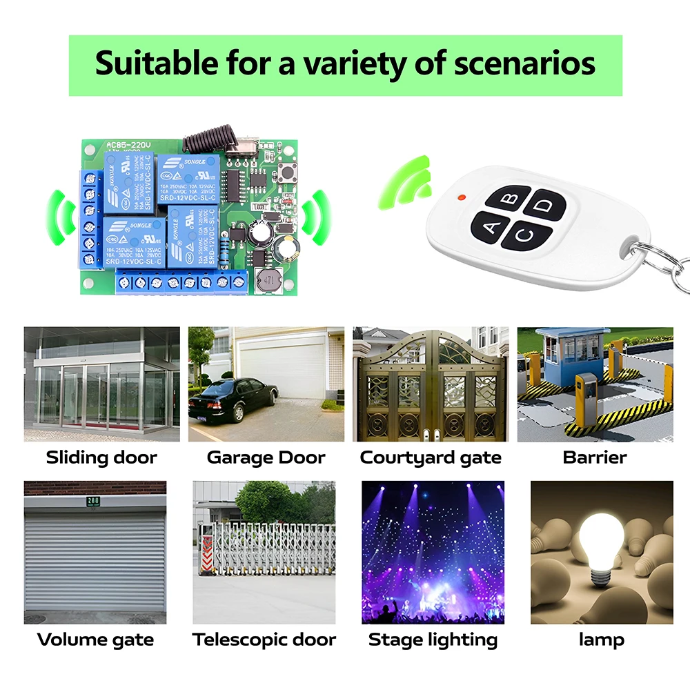 RF 433MHz Wireless Remote Control Switch AC110V 220V 10A 4 Channels Relay Receiver Module for Gate Garage Door LED Bulb Motor
