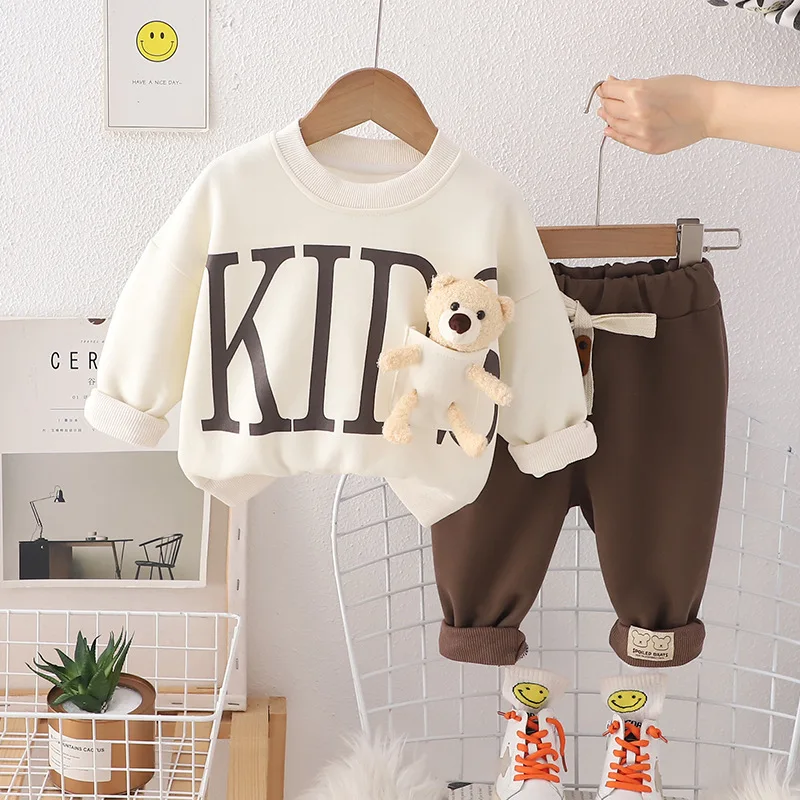 2025 New Boys Spring Autumn Set Children Casual Sweatshirts Coats Pants 2pcs Suit Kids Cute Hanging Bear Hoodie Trousers Outfits