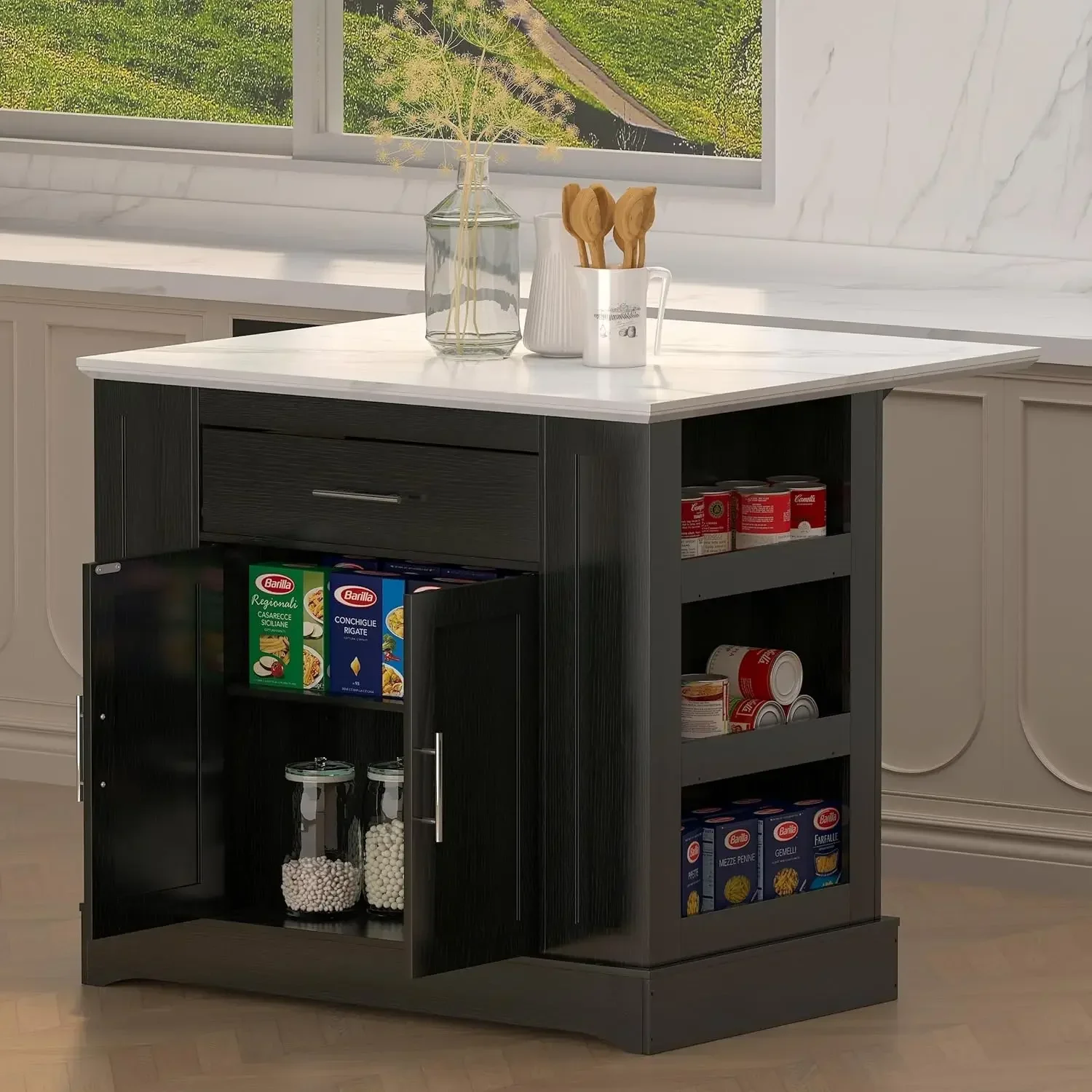 Large Kitchen Island with Storage & Power Outlet, Drawer, Adjustable Shelves,Side Open Compartments, and Drop Leaf,Island Table