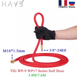 3.8/7.6m wp9 wp17 série tig tocha de soldagem gás-elétrico integrado vermelho macio cabo de mangueira fios m16 * 1.5mm conector