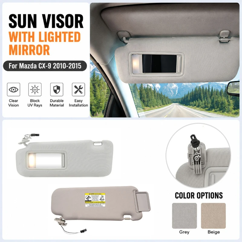 For Mazda CX-9 CX9 2010-2015 Grey Beige Left Right Driver Passenger Side Sun Visor Sunvisor Sunshade with Light TDY1-69-320
