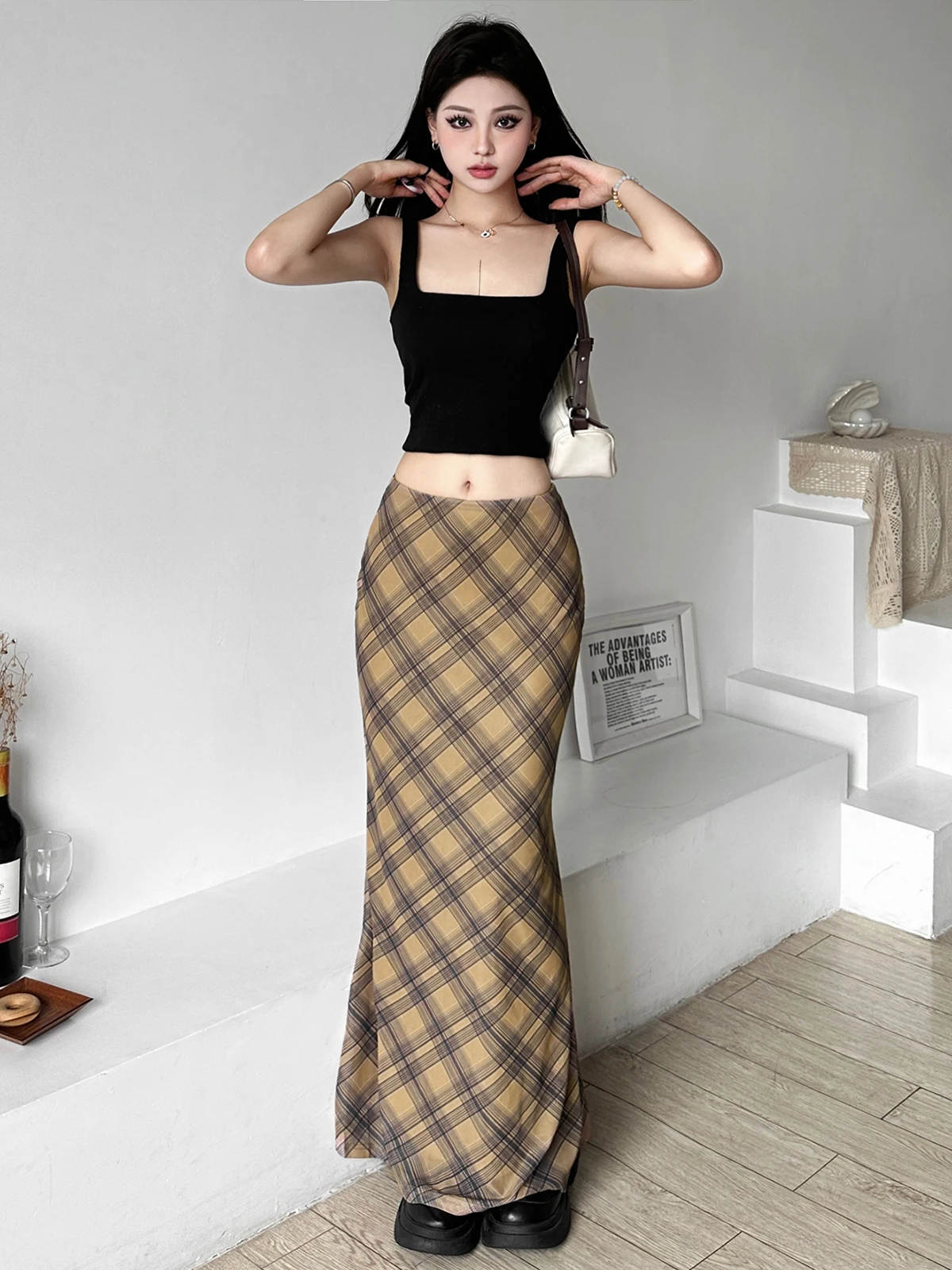 غريب دفع عالية الخصر منقوشة طباعة لي تنورة طويلة المرأة التخسيس ألف خط ميدي تنورة الشارع Sle البوليستر مزيج تنورة #1