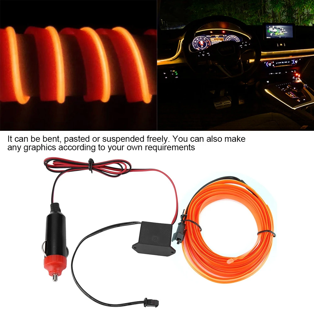 EL Wire Glow Wire Orange 1/2/3/4 Meter 12V Cigarette Lighter Driver For Car Dashboard Interior Flexible Bendable Soft Glow