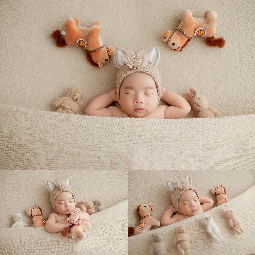 赤ちゃんのマイルストーン写真撮影用小道具-馬をテーマにしたニットポニーコスチューム-ミニ動物人形小道具-スタジオ新生児成長記念写真撮影用