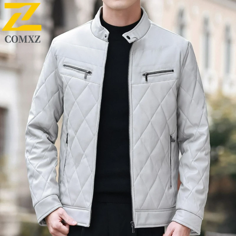 

COMXZ Winter Man PU Leather Jacket Fashion Outdoor Camping Windproof Warm Coat Classic Stand Collar Coldproof Comfort Outerwear​