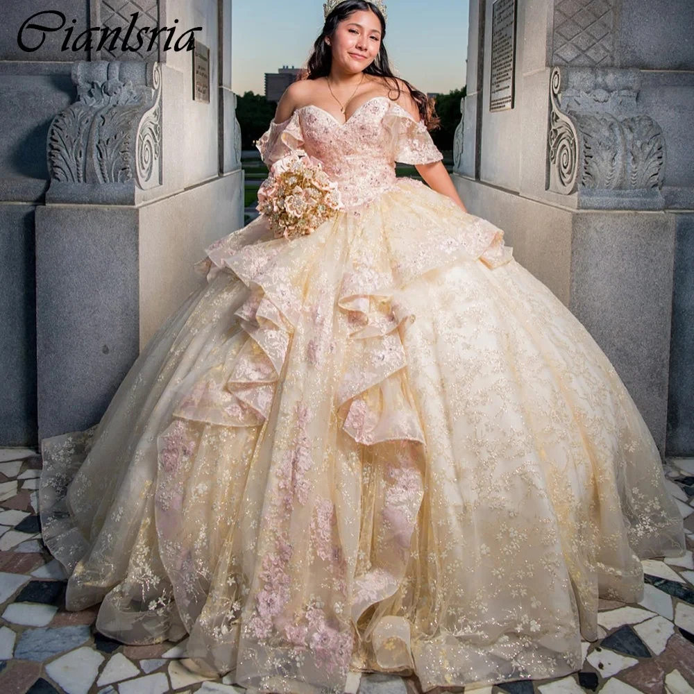 ชุดเดรส quinceanera มีระบายเปิดไหล่ชุดไปงานเต้นรำเจ้าหญิงผ้าปะติดลูกไม้ชุดรัดตัวชุดเสื้อผ้า15 años