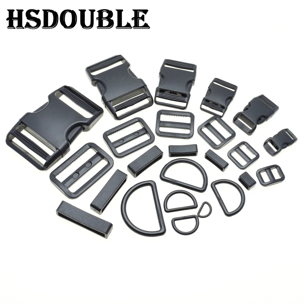 1 Set 10mm 15mm 20mm 25mm 30mm 38mm Plastic Slider Adjustable D Rings Belt Loop Curved Side Release Buckles For Paracord