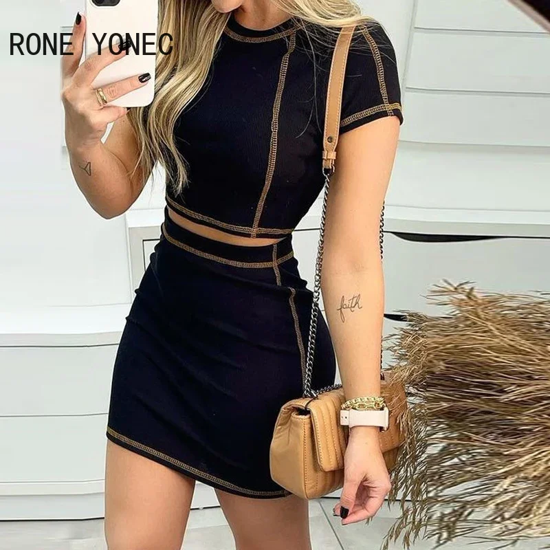 Women Casual Chic Round Neckshort SleevesBright Line Decoration Bodycon Skirt Sets