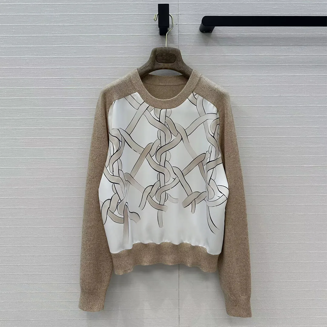 

New Spring Fashion Twist Knot Print Pattern Patchwork Cashmere Knit Sweater Women O-neck Long Sleeve Casual Jumper Pullover