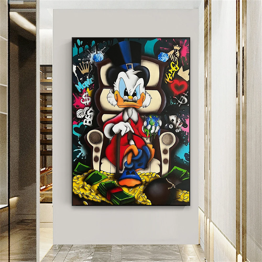 Graffiti Wall Art Scrooge Mcduck Poster Disney Cartoon Pop Art Street Prints Coins Money Success Canvas Painting Office Decor