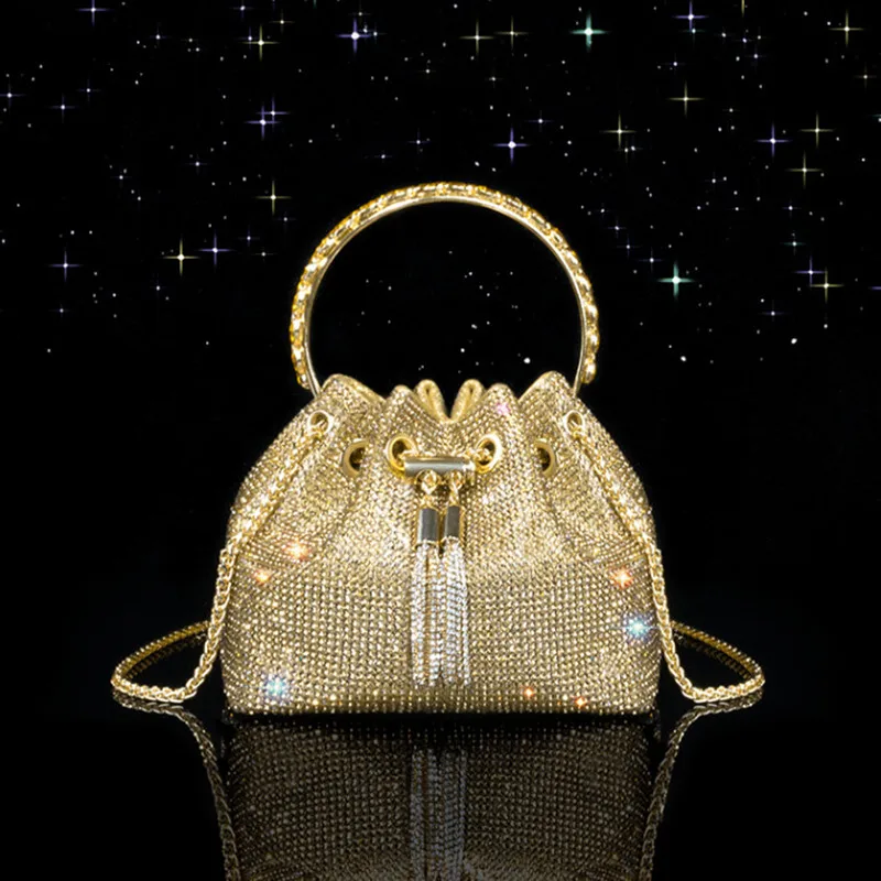 Evening bag Full diamond bucket bag Summer 2023 new premium texture rhinestone chain dinner bag hand-to-shoulder party tote