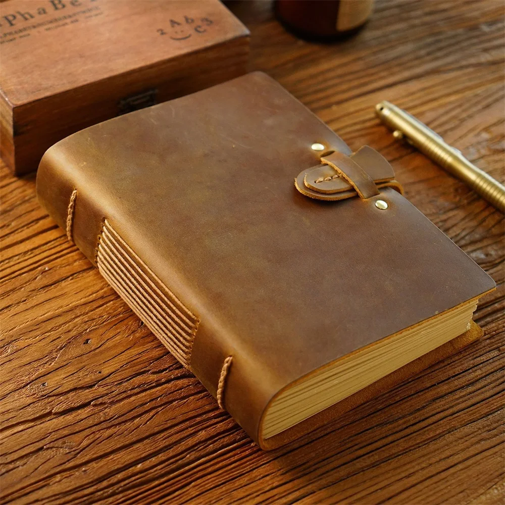 Genuine Leather Journal Lock Design Blank Kraft Paper 400 Pages DIY Diary Travel Notebook Handmade Sketchbook Retro Thick Book