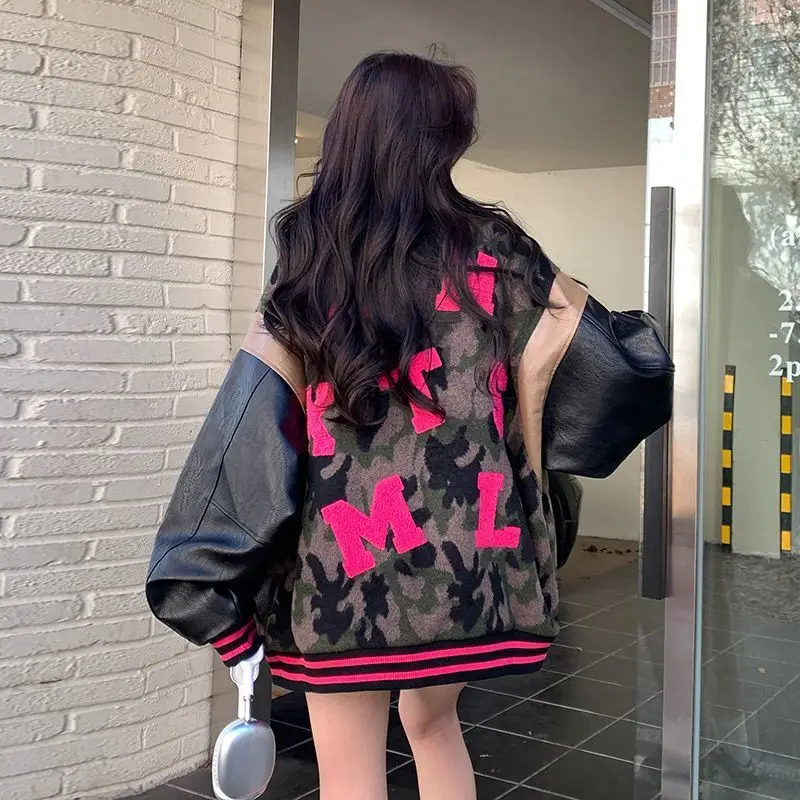 ​American Retro Patchwork Baseball Jacket with Embroidered Letters Loose Fit Spring Fall Women's Coat​