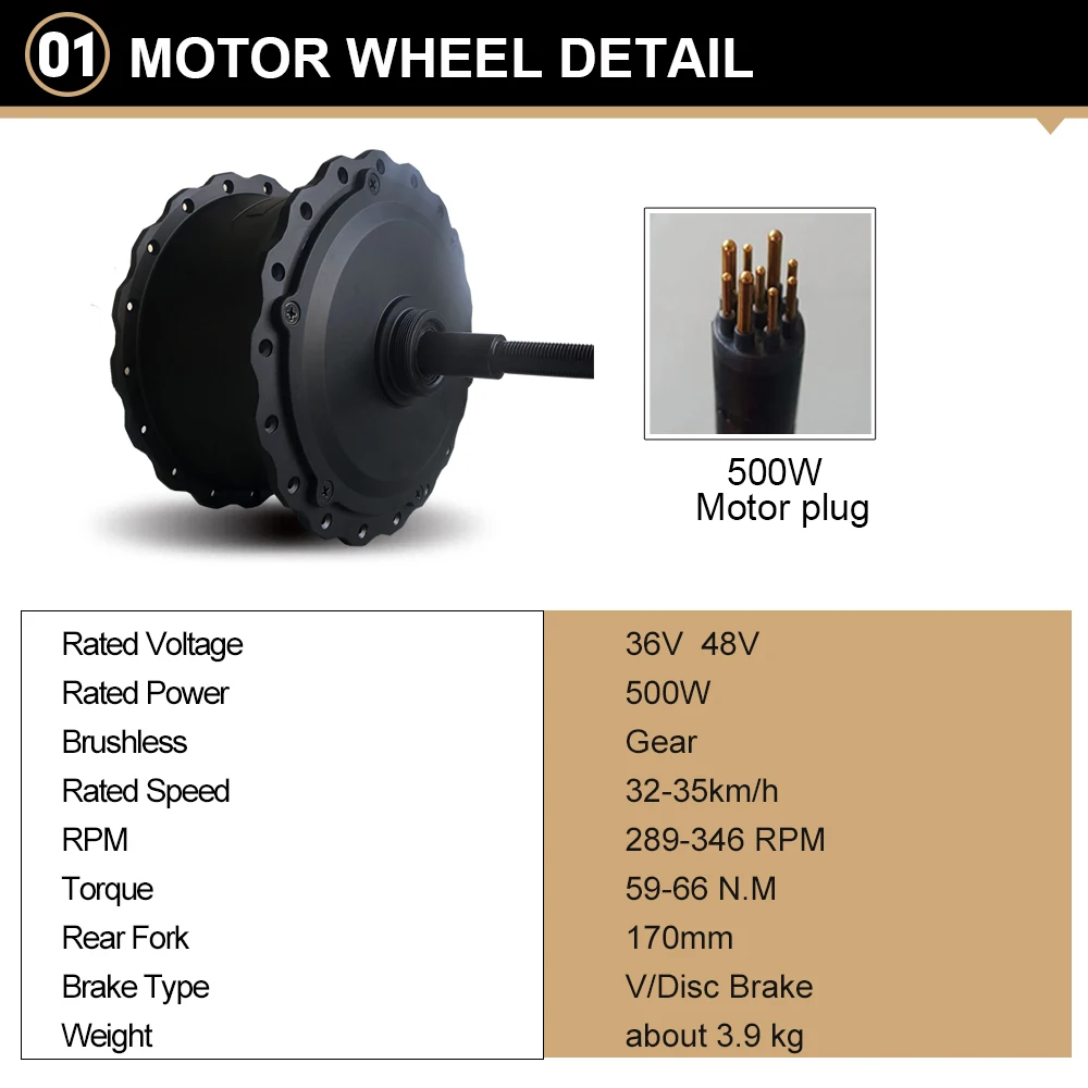 Fatbike-Snow Ebike Conversion Kit, 20”26“4.0 Tyre, Brushless Gear, Rear Rotate Hub, Wheel Dropout, 170mm, 190mm, 500W, 36V, 48V