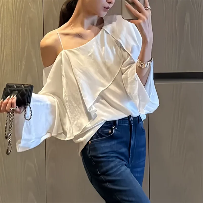 

2026 Summer Fall Chic One Shoulder White Chiffon Shirt Women Ruffles Long Flare Sleeve Loose Top French Lazy Style Casual Blouse