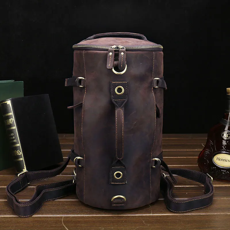 Unique Design Leather Backpack For Men Vintage Crazy Horse Leather Bucket Daypack Large Male Travel Bag Male Backpacks