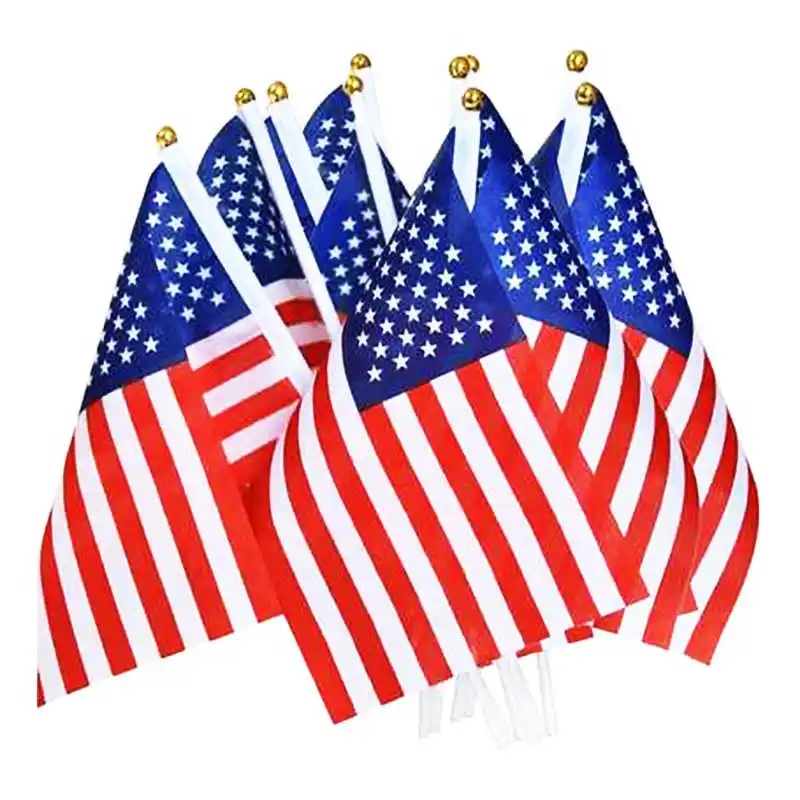

10 Pack Hand Held USA Flag US 14x21cm Polyester Stars Stripes Printed Small Stick Flagpole American Flags Decoration Celebration