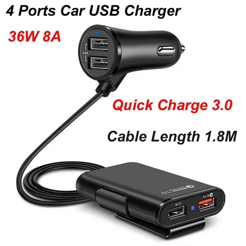 36W Quick FAST 3.0 USB DC 5V/2.4A/ 9V/1.8A 12V/1.8A Car Charger 1.8M Extension Cord Cable For mobile phone iPad GPS Cameras