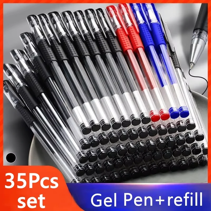 Juego de 35 Bolígrafos de Gel, Material Escolar, Tinta Negra, Azul y Roja, Bolígrafo de Punta Redonda de 0.5 mm, Bolígrafo Kawaii, Herramienta de Escritura, Papelería Escolar y de Oficina