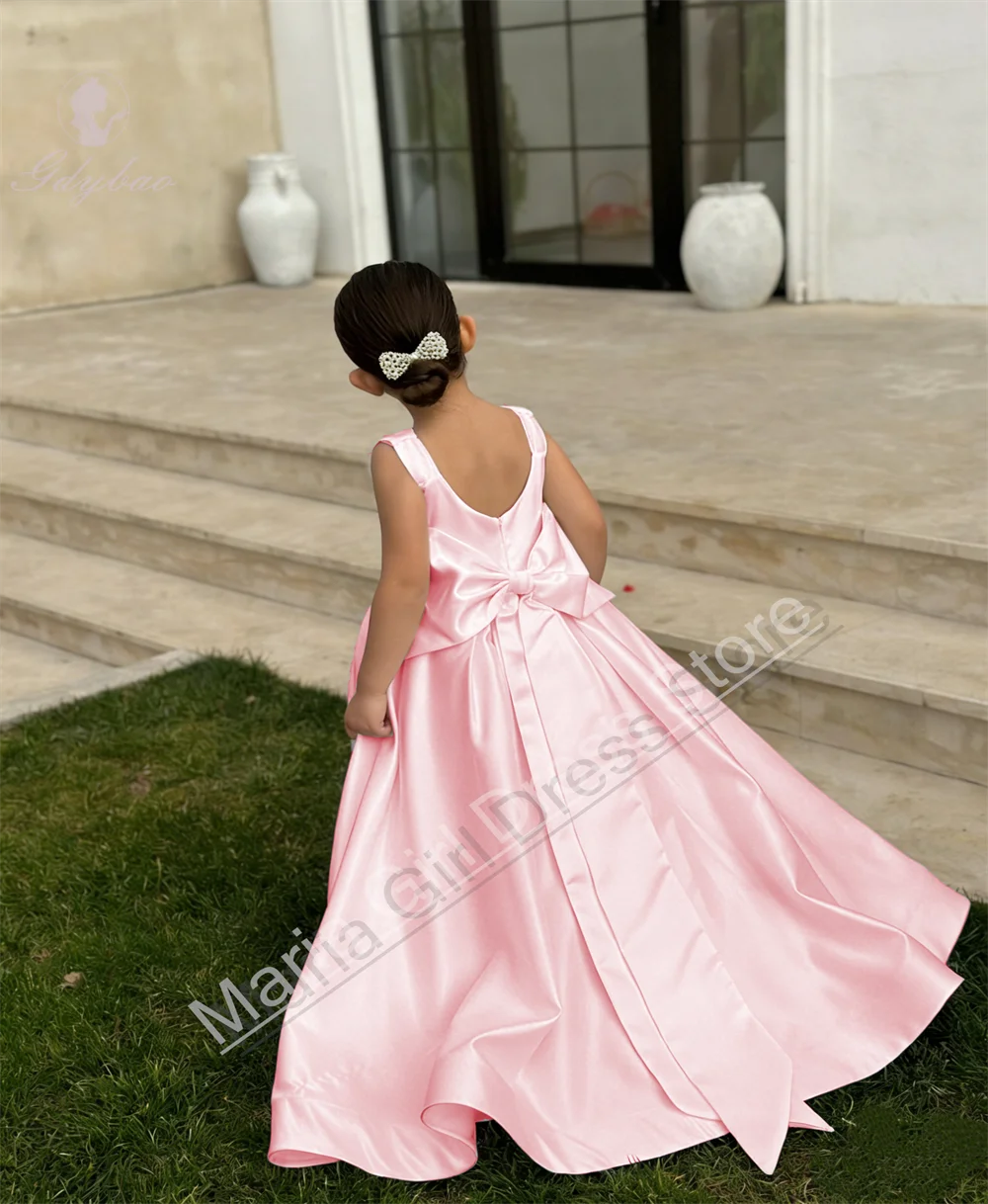 

Pink Customized Mini Bridal Wedding Dress with Bow Flower Girl Dress Strap Kids Party Go Birthday First Communion Gown