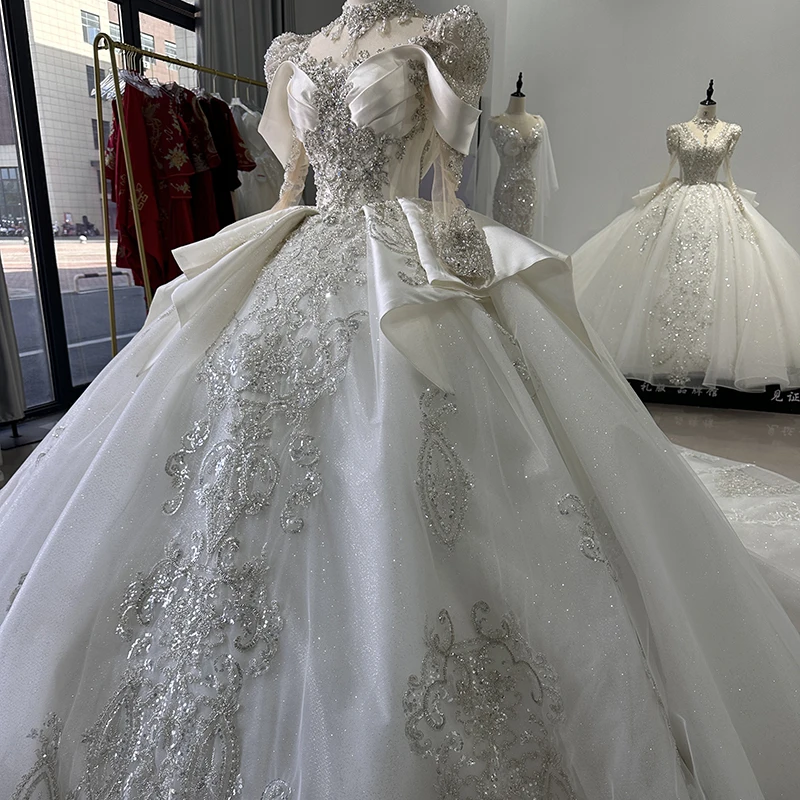 Jancember Organza Ball Gown High Neck Puff Sleeves Full Sleeves Chapel Train Backless Bow Romantic Bridal Dresses 2023 XS012