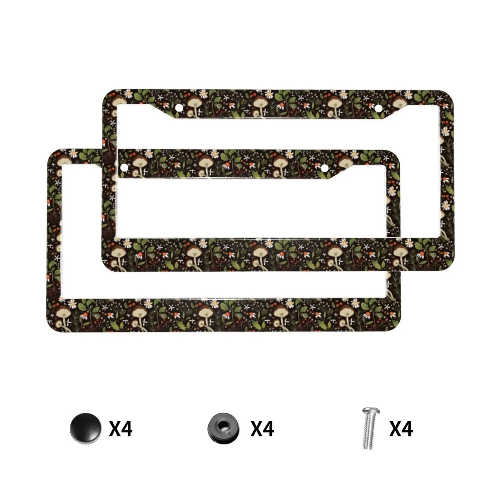 Mushroom and Floral Pattern License Plate Holder Car Accessory, Rust-Proof Waterproof Car Decorative Tag Frames for Standard