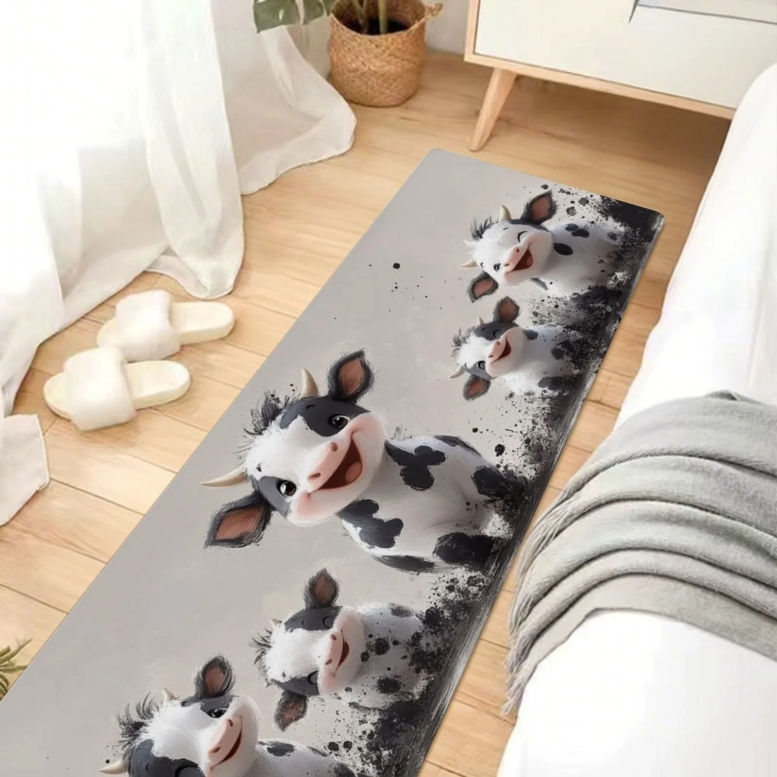Cartoon Dairy Cow Kitchen Rug Non-Slip Washable Diatom Mud Floor Mat for Kitchen Hallway Balcony Pet Friendly Home Decor