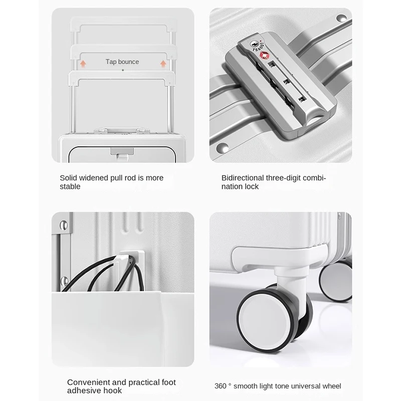 Silver Wide Trolley Luggage Front Opening Multi-Function USB Charging Port 20 Inch Boarding Lockbox Notebook Business Suitcase