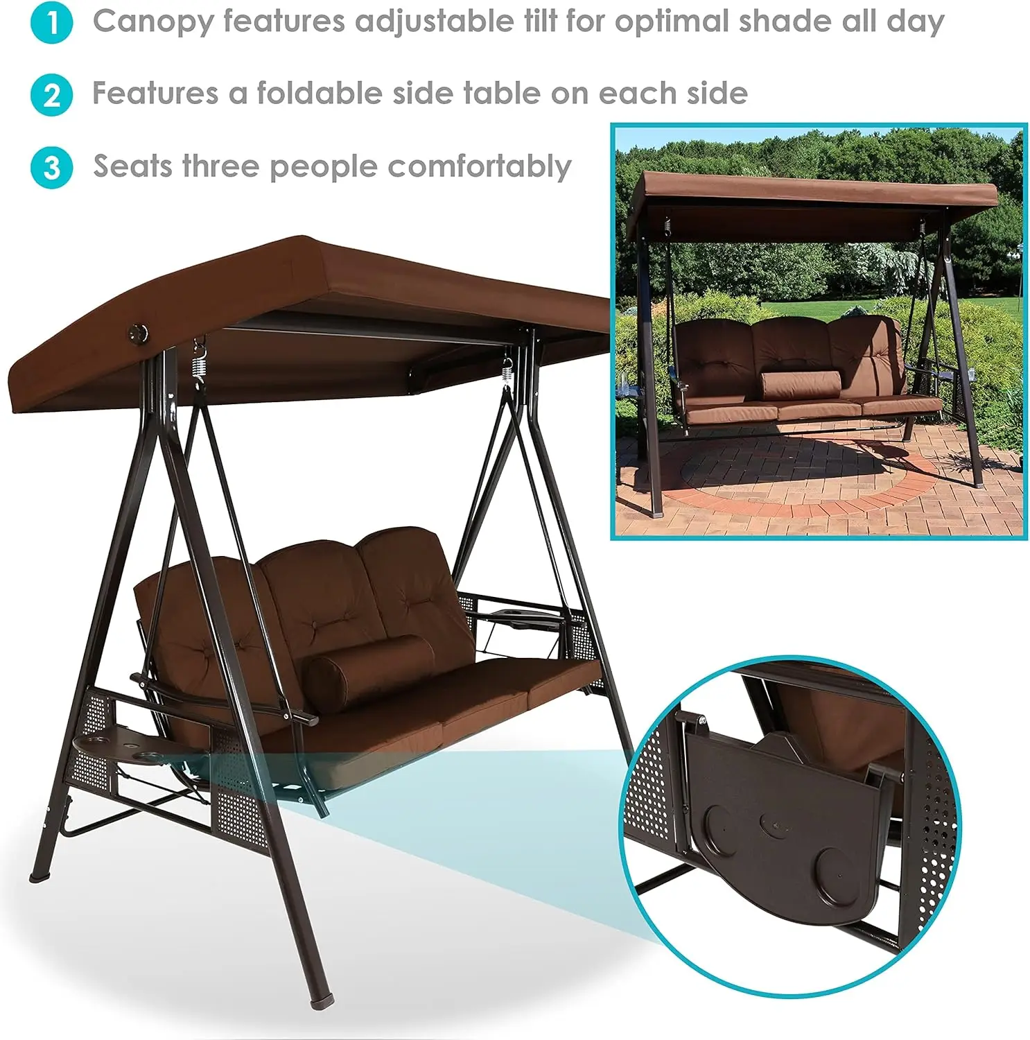 3-Person Steel Patio Swing Bench With Adjustable Tilt Canopy - Cushions And Pillow Included - Brown