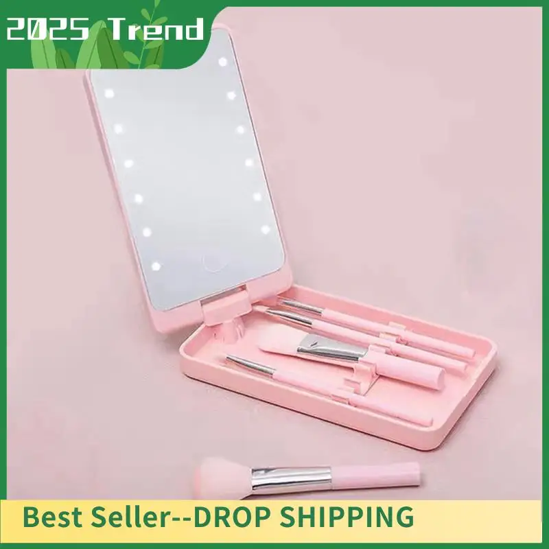 

Mirror With 5 Brushes Storage Box LED Touch Portable One-Face Storage Box Makeup Mirror Pink