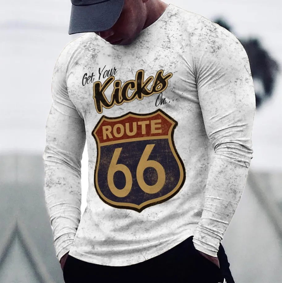 Vintage Route 66 3D Print Autumn Men\'s O-Neck Casual Long Sleeve T-shirt Oversized T Shirts Fashion Pullover Trend Men Clothing