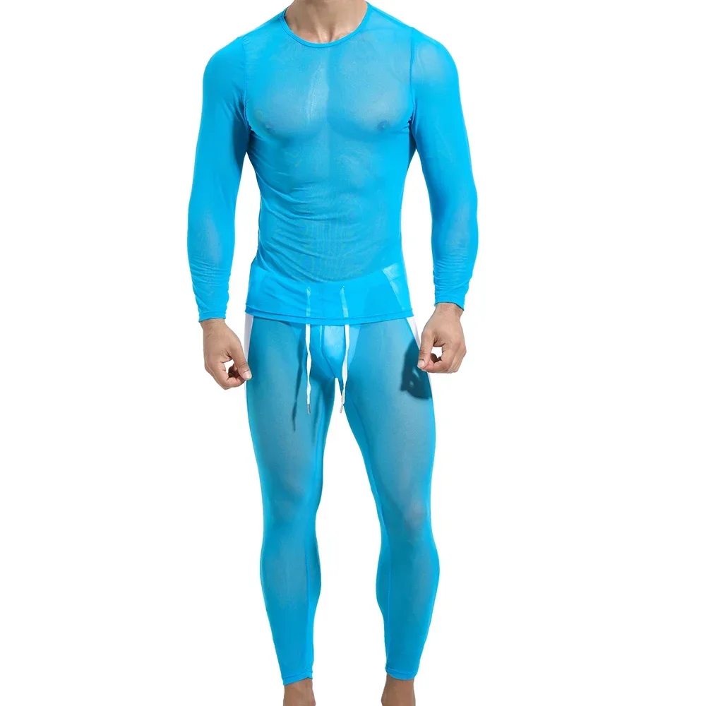 

Men T Shirts Pants Mesh See Through Undershirts Breathable Long Sleeve Tops Trousers Underwear Male Homewear Clothes Set Pajamas
