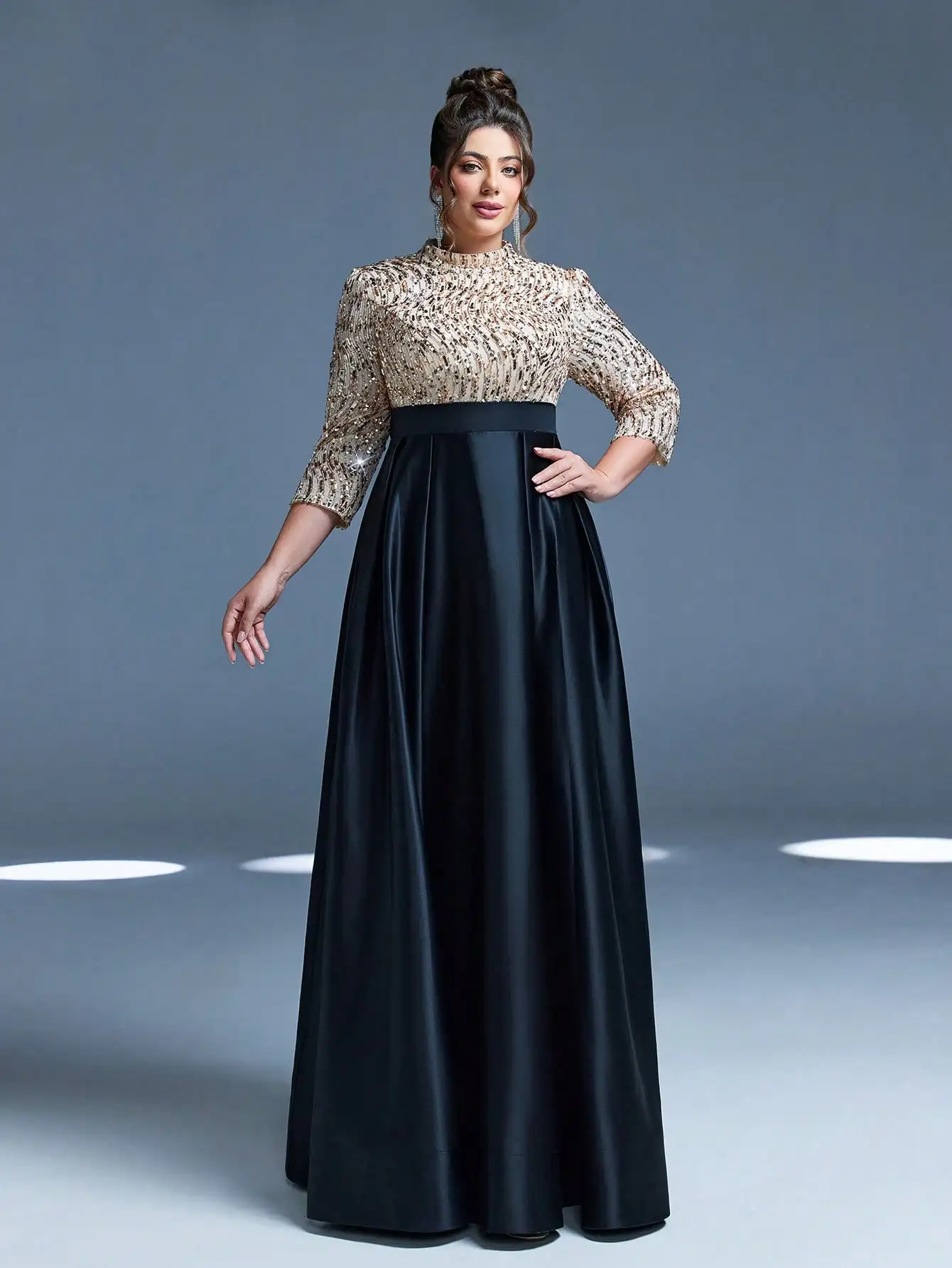 mgiacynew-arrivalhigh-necksequinelegantlarge-size-evening-gown-dressbownine-quarter-sleevesatina-line-dressfordinner