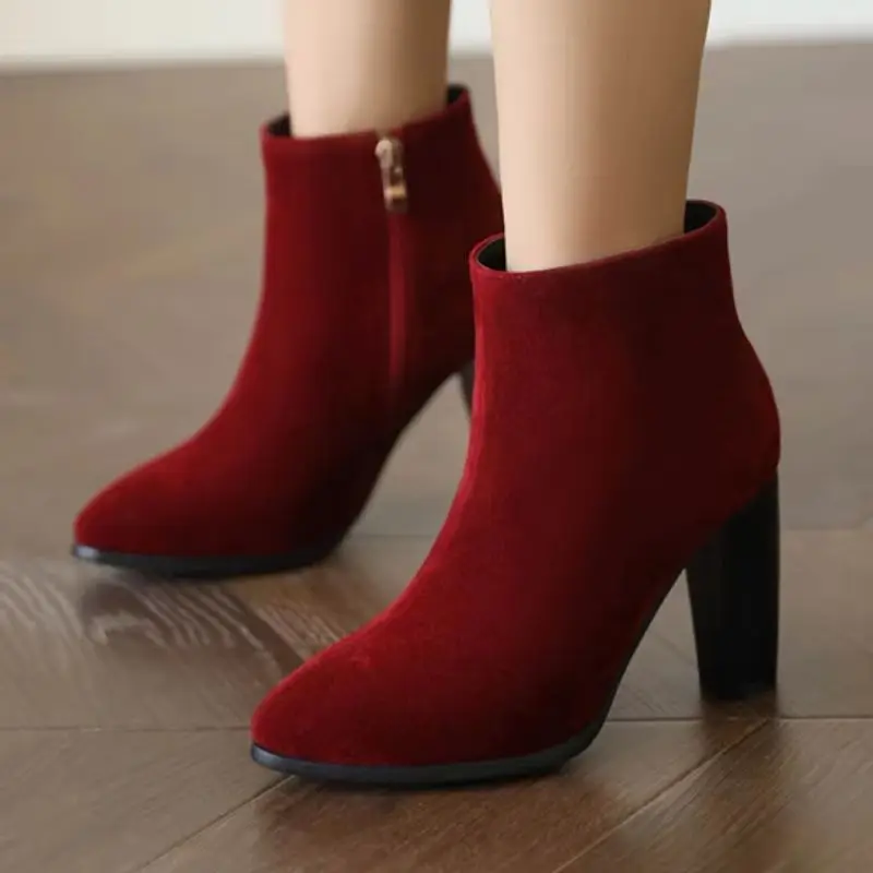 

Women's Ankle Boots Autumn Winter High Heels Short Boot For Women Red Black Flock Party Shoes Female Large Size 45 47 Fashion