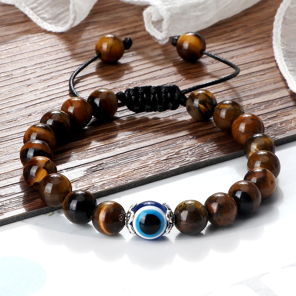 Classic Turkish Evil Eye Lucky Bracelets Woman Man 8mm Natural Stone Black Lava Onyx Beads Energy Bracelets Couple Jewelry Gifts