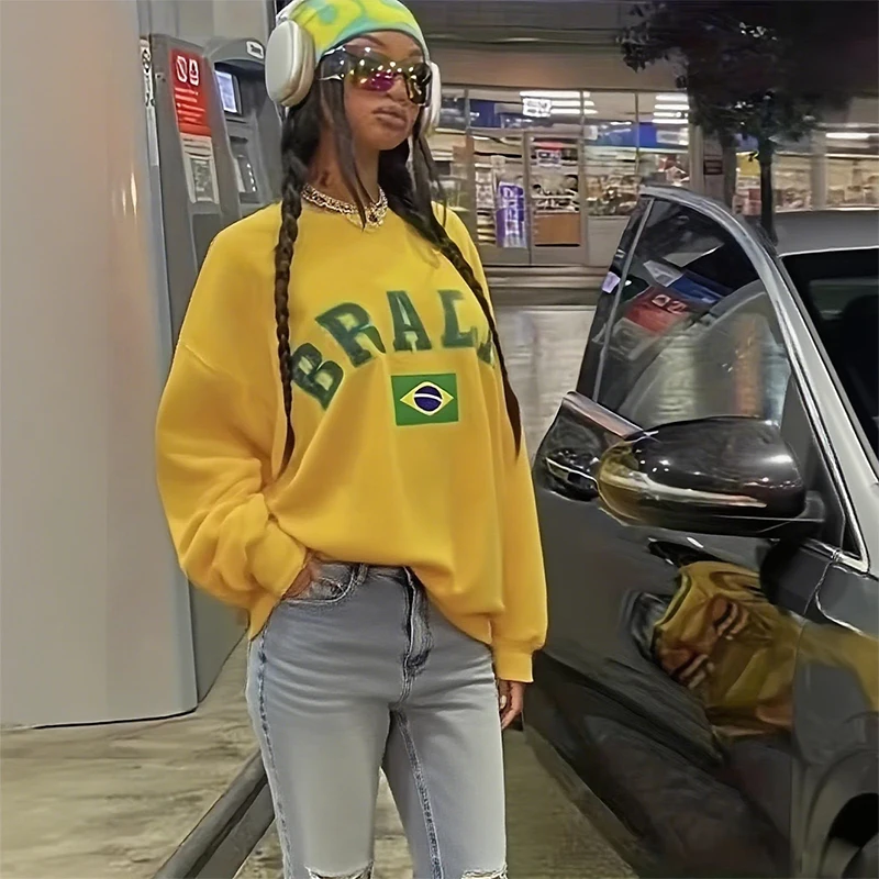 

2025 New Women Streetwear Autumn Embroidery Brazil Graphic Yellow Oversized Y2k Harajuku Vintage Hip Hop Long Sleeve Sweatshirt