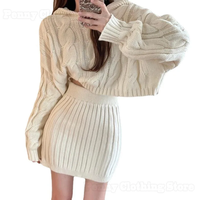 2024 Autumn And Winter New Retro Style Hooded Knitted Twist Sweater High Waist Elastic Hip Cover Skirt Suit Women's Clothing