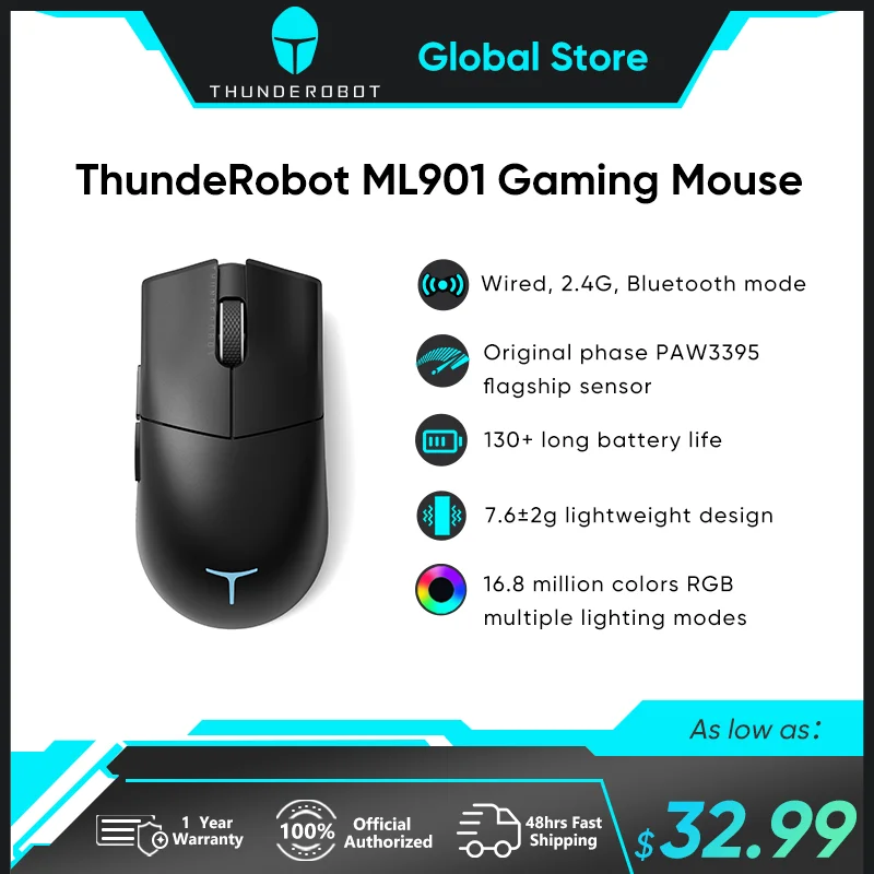 ThundeRobot ML901 Three-mode Mouse Gaming Wireless Bluetooth 2.4G Wired Ultra-lightweight Design PAW3395 Wireless Charging
