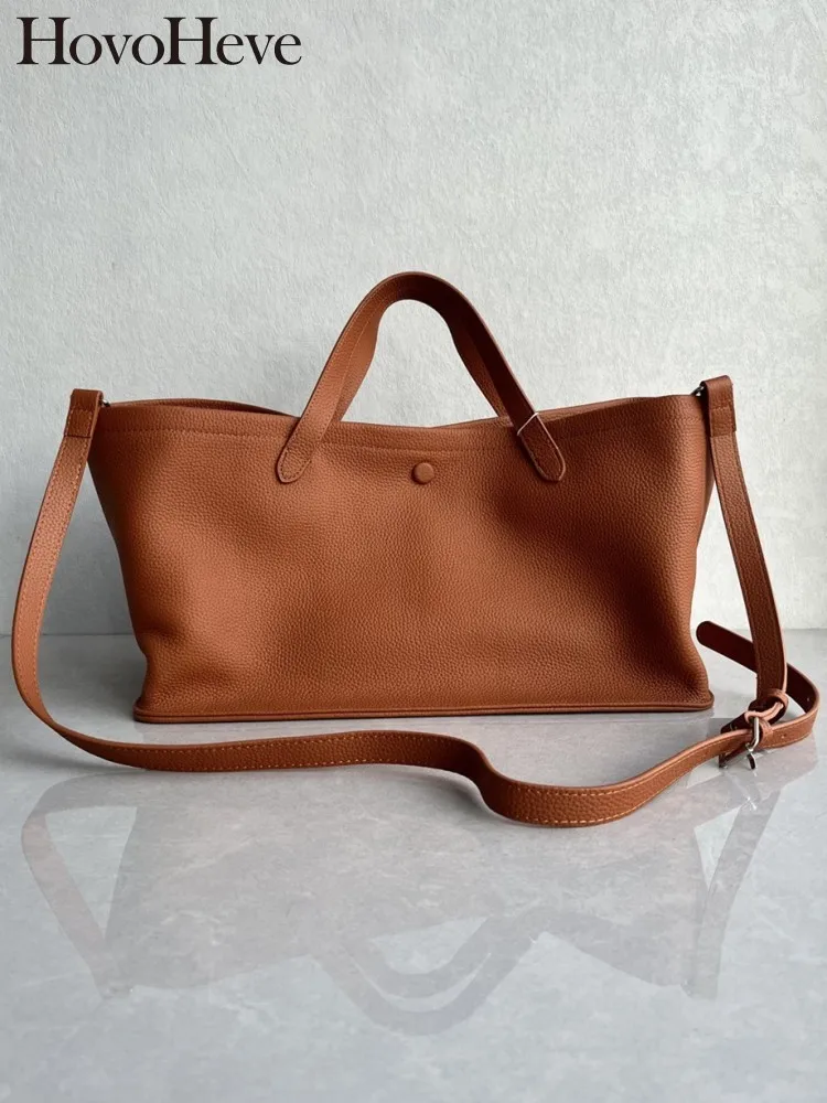 Leisure Womens Soft Genuine Leather Handbag Solid Color Female Concise Bags Fashion Cowhide Large Capacity Single Shoulder Bag