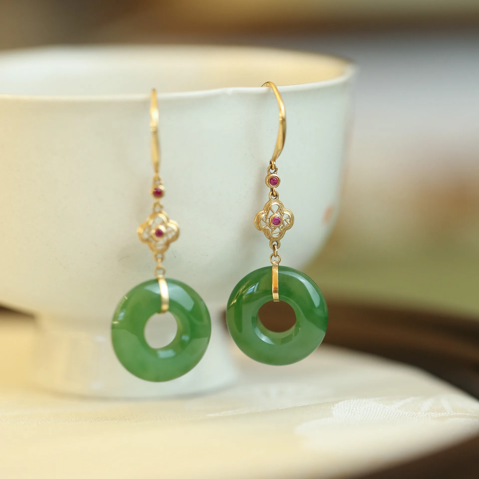18K Gold Natural Hetian & Jade Peace Buckle Earrings, Chinese Style Original Ear Jewelry Gift