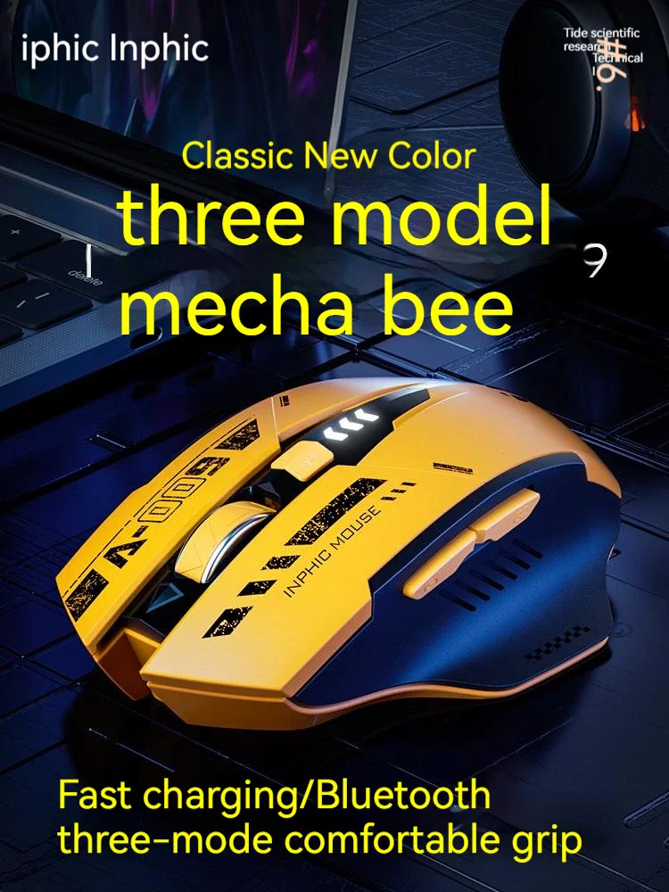 Inphic A9 2.4G Bluetooth Rechargeable Wireless Silent  Gaming Mouse   Three-mode  Mecha Style Mouse   For Pc  Office  Laptop