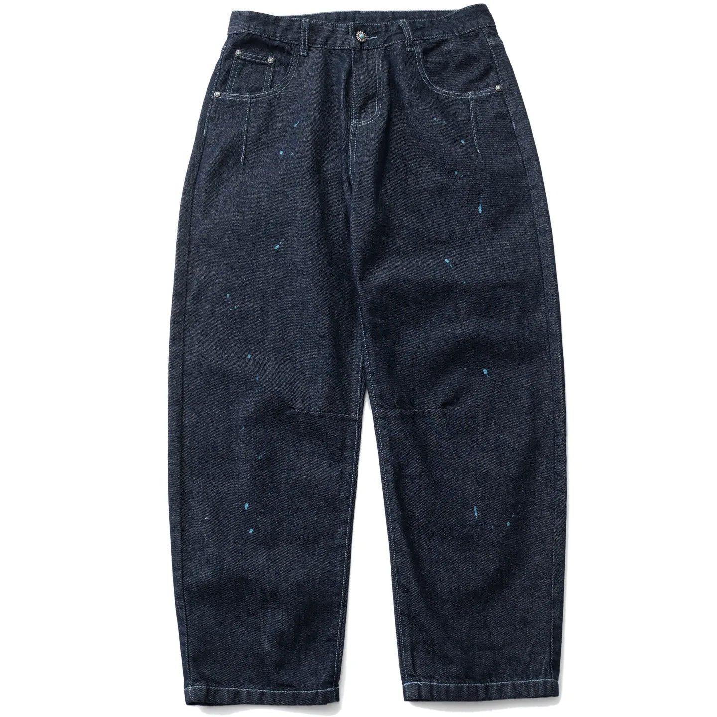 

Japanese Retro Washed Paint with Green Stone Buttons Embellished Distressed Jeans Men's Loose Wide Leg Long Pants for Women