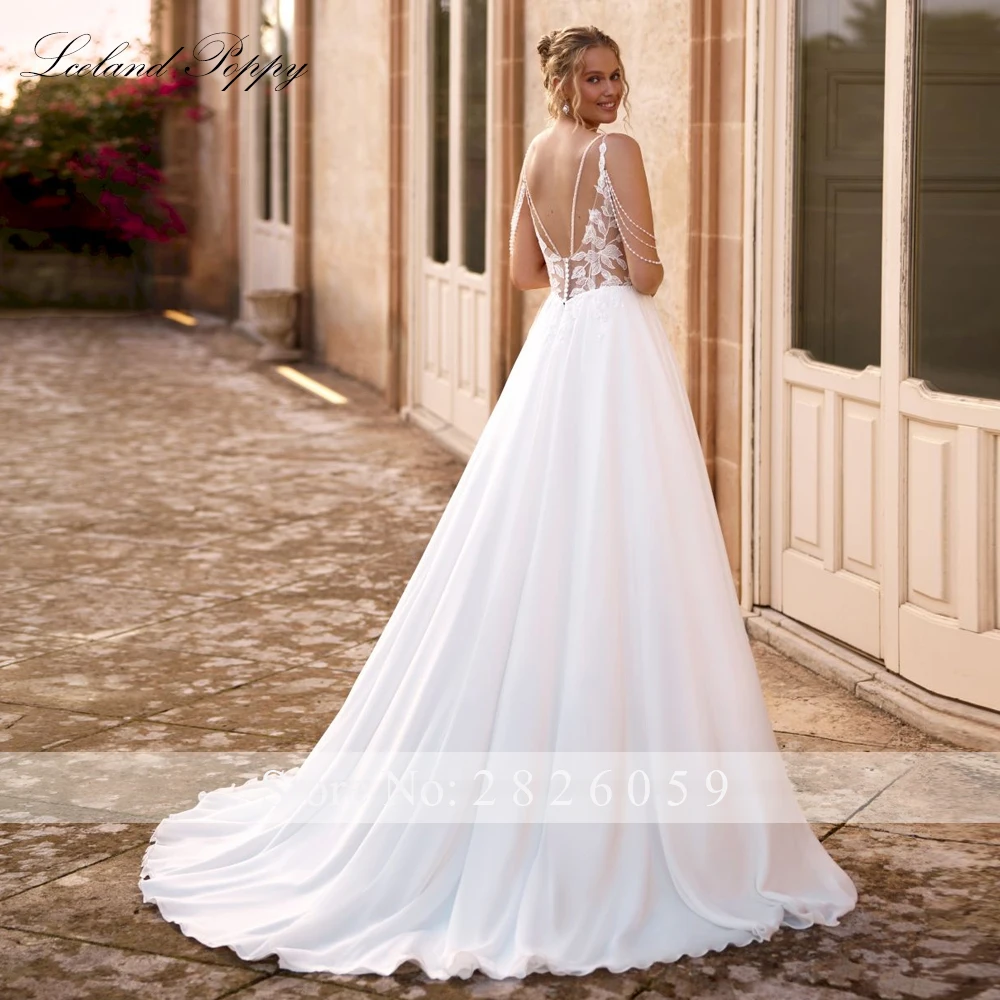 Lceland Poppy Customized A Line V Neck Lace Wedding Dresses Illusion Backless Chiffon Bridal Gowns with High Slit