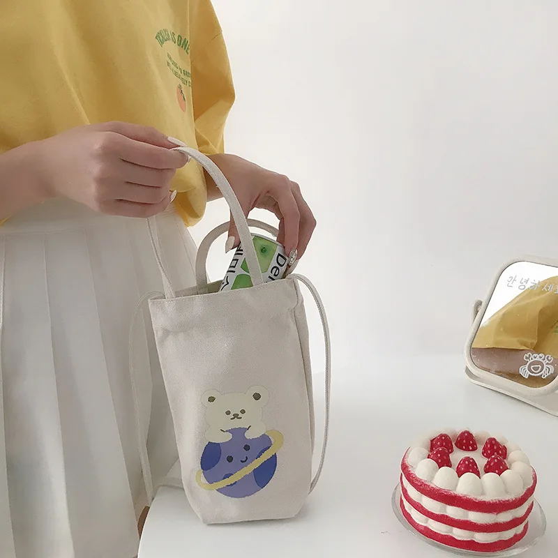 Canvas Bucket Small Tote Bag, Cute Cartoon Mini Crossbody Bags for Women Girls Carrying, Kettle, Water Cup, Umbrella, Phone Bag