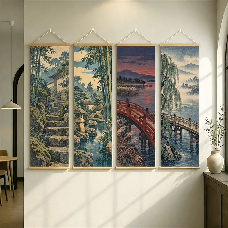 Japanese Ukiyo-e Hanging Scroll with Bamboo Forests, Misty Mountains and Scenic Bridges in Muted Colors for a Tea Room