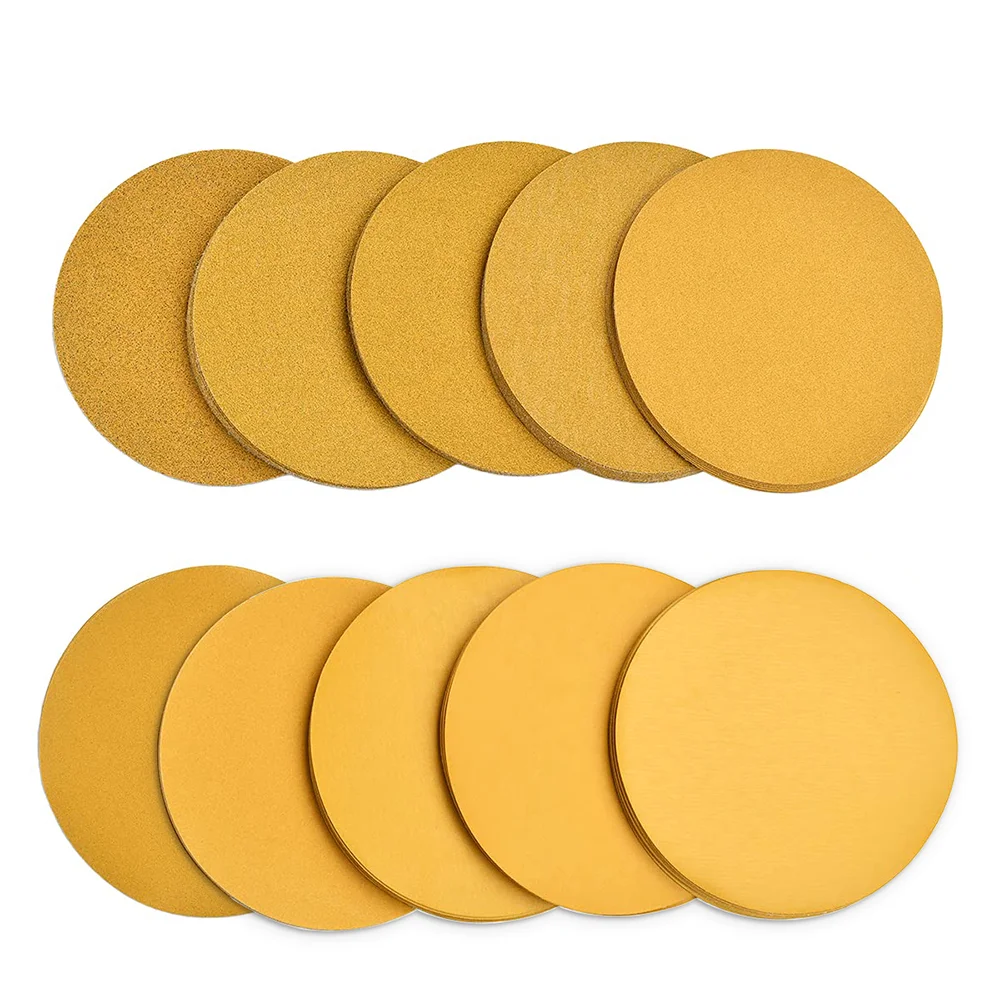 100PCS 5 Inch Sanding Discs Hook and Loop,40-800 Grit 125mm No Hole Gold Sanding Discs Sandpaper for Automotive and Woodworking.