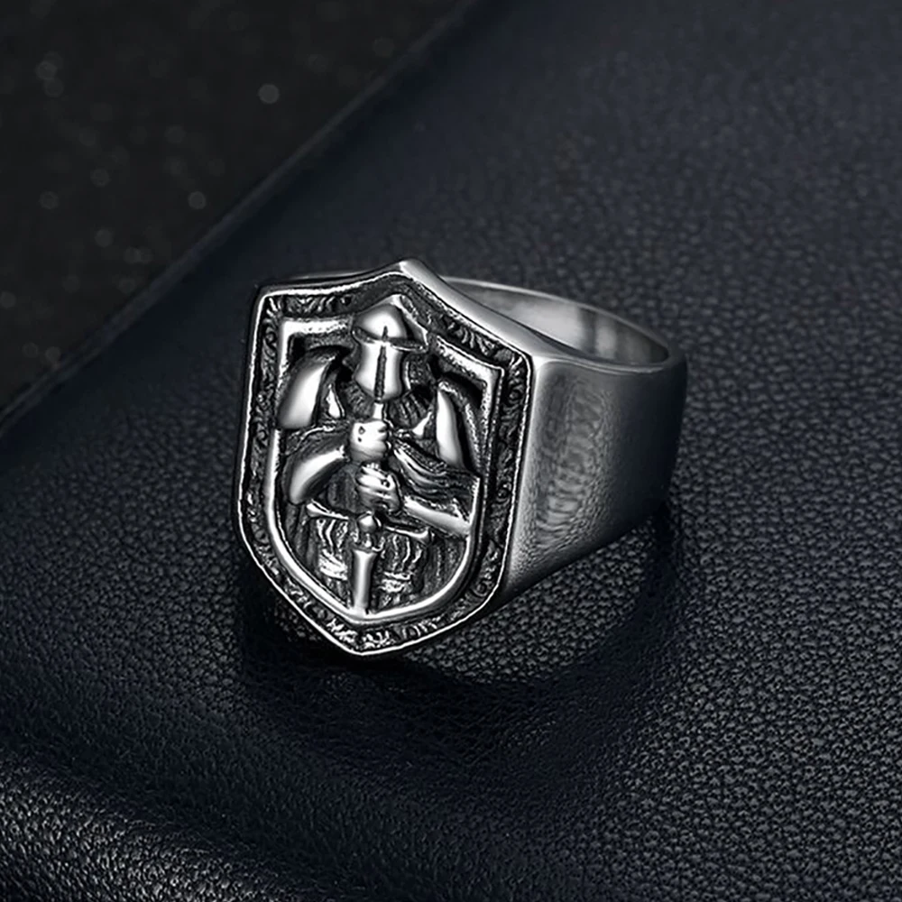 Fashoin Vintage Knight Temple Rings For Men Women 316L Stainless Steel Warrior Shield Sword Shaped Ring Punk Amulet Jewelry Gift